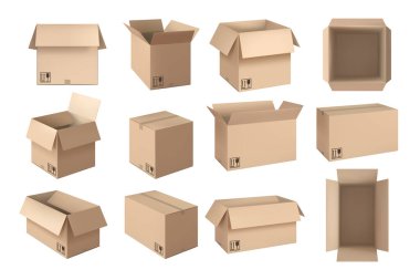 Gerçekçi kahverengi kutu. Posta paketlerinin açılması, karton konteynırlar ve dağıtım modelleme vektörü seti
