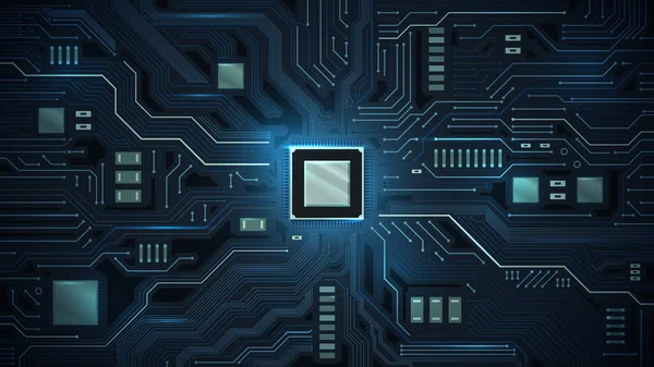 Processor on circuit board. Motherboard chips, microchip electronic and digital circuits vector illustration — Vetor de Stock