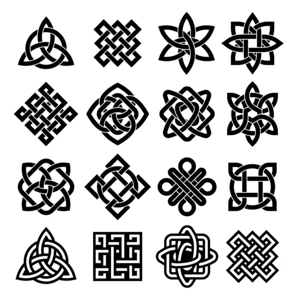 Celtic trinity. Irish knot, pagan tattoo icon and intertwined line loop. Interconnection silhouette vector symbol set — Vetor de Stock