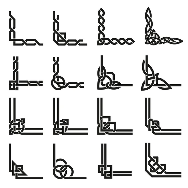 Celtic corners. Scotland knot border, irish decorative ornament and traditional ancient pattern corner vector set — Stock Vector