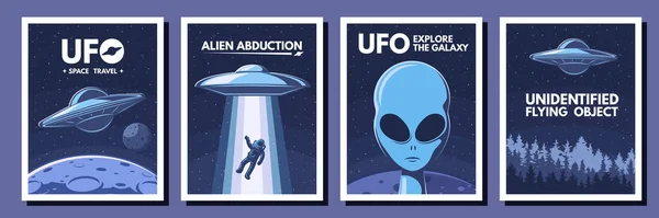 Space UFO posters. Retro alien, flying object and space travel vector Illustration set — Archivo Imágenes Vectoriales