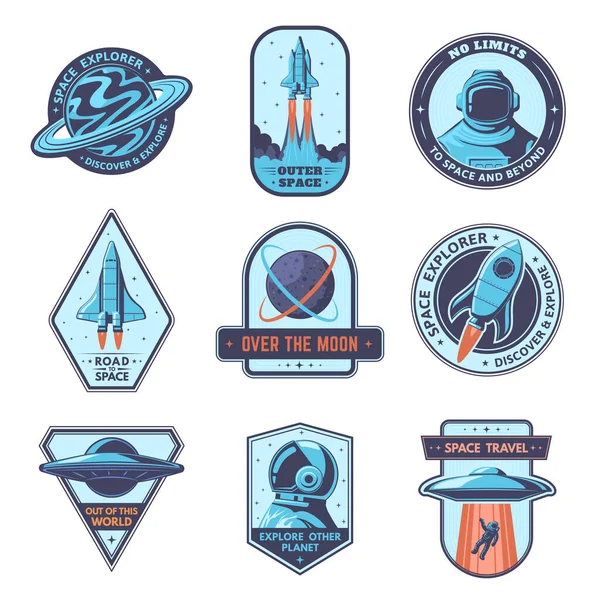 Distintivi spaziali. Espandi altre toppe piallatrici, badge per viaggi spaziali e set vettoriale emblema sopra la luna — Vettoriale Stock
