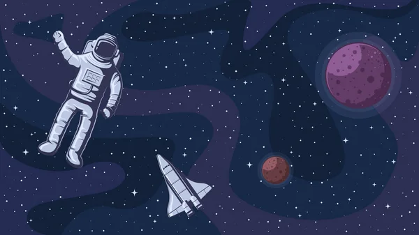 Открытое пространство. Космонавт в скафандре в космосе, космос с векторным фоном звезд — стоковый вектор