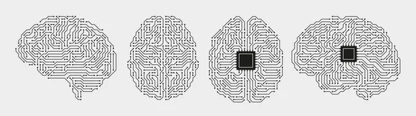 Circuit board brains. Artificial intelligence microchip, AI chip and digital brain processor vector illustration set — Vettoriale Stock