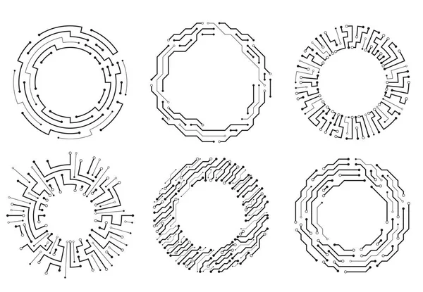 Circuit board circle frames. Abstract digital round frame, hardware board and elictronic motherboard pattern vector set — Archivo Imágenes Vectoriales