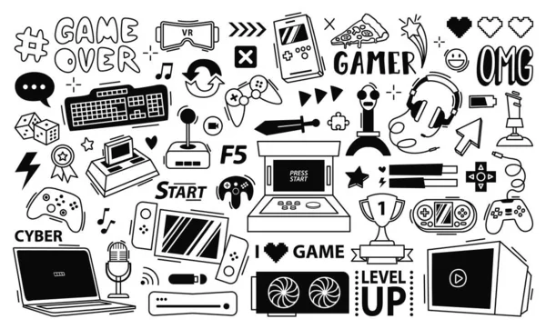 Jogos de streaming doodle. gadgets de jogos, equipamentos gamer e jogos de esporte cibernético controladores conjunto de vetores — Vetor de Stock