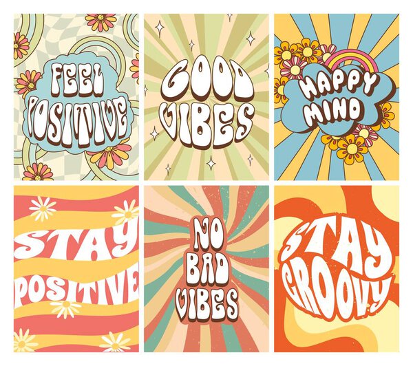 Классные постеры 70-х. Будьте позитивны, хорошие вибрации и счастливый вектор разума иллюстрации набор