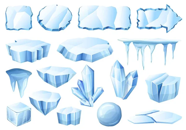Πάγος κινουμένων σχεδίων. Κρύσταλλοι παγετώνων, κομμάτια πάγου και παγωμένα πλαίσια — Διανυσματικό Αρχείο