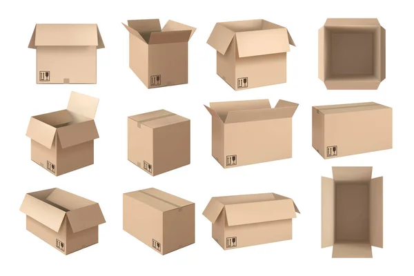 Realistic brown box. Postal packaging open boxes, shipping cardboard containers and delivery mockup vector set —  Vetores de Stock