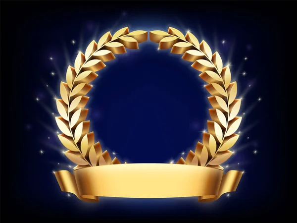 Golden laurel wreath frame. Honoring template with gold circle branch, victory celebration reward and vip champion ring vector presentation background — Vetor de Stock