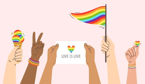 Manos de orgullo. Desfile LGBT, la gente sostiene en la mano la bandera del arco iris, el cartel y el símbolo del corazón. Orgullo mes celebración vector ilustración — Vector de stock