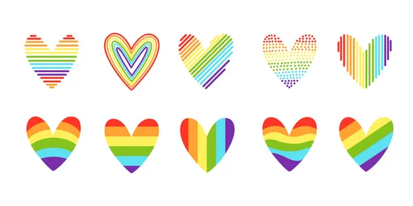 Cuori orgogliosi. Icona del cuore LGBT, set vettoriale simbolo di amore colore arcobaleno — Vettoriale Stock