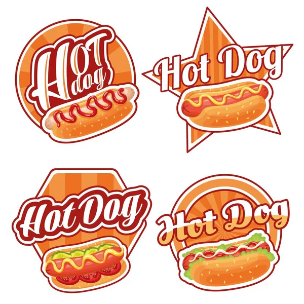 Hotdog label. Street food sign with hot dog in sesame seeds bun, fast lunch sticker vector set — Image vectorielle