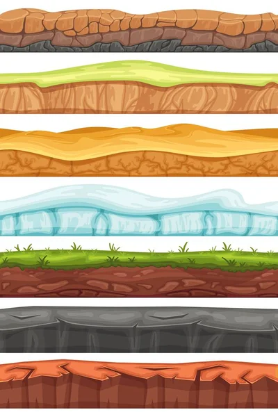 Naadloze grond. Cartoon land lagen, grasveld en voorgrond bodems voor spel achtergrond vector set — Stockvector