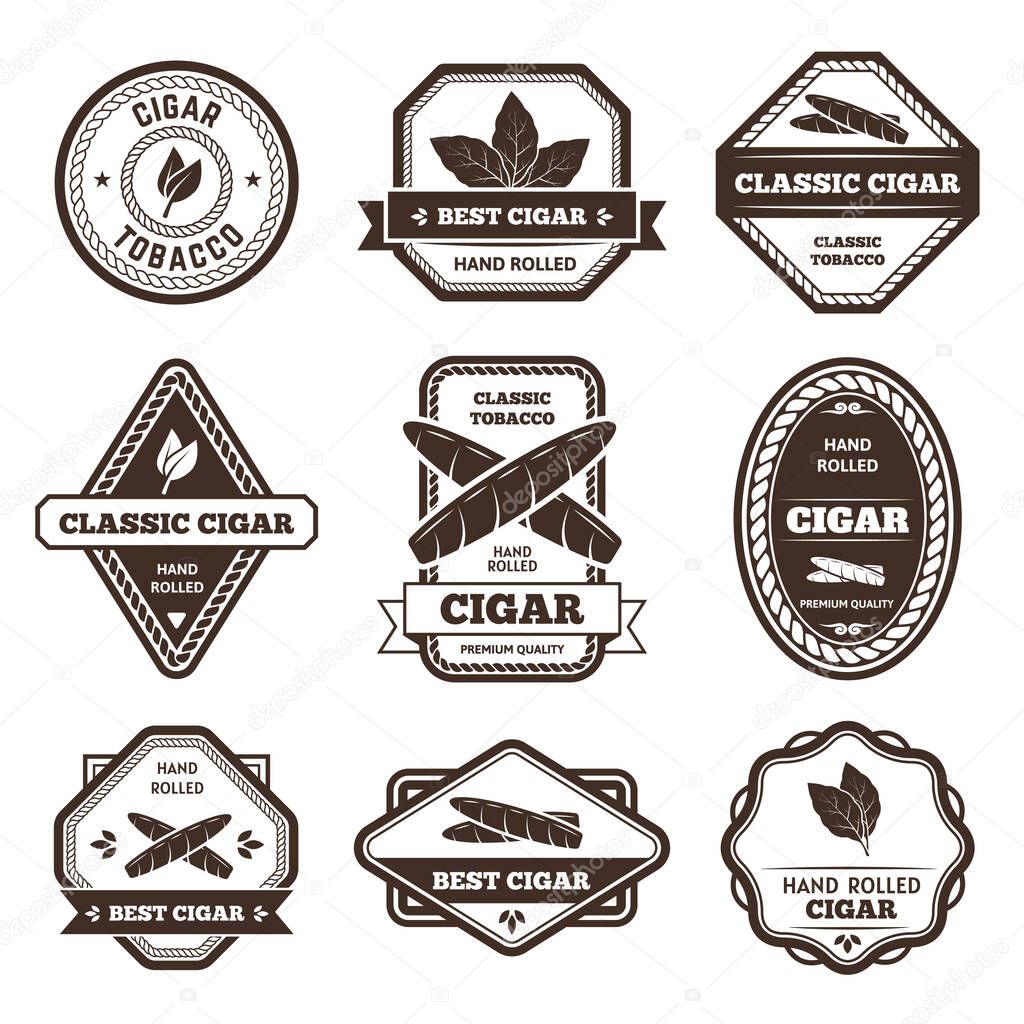 Cigar labels. Classic tobacco leaf sign, hand rolled cigarette and nicotine product badges vector set. Premium quality handmade cigar template emblems of different shape, vintage collection