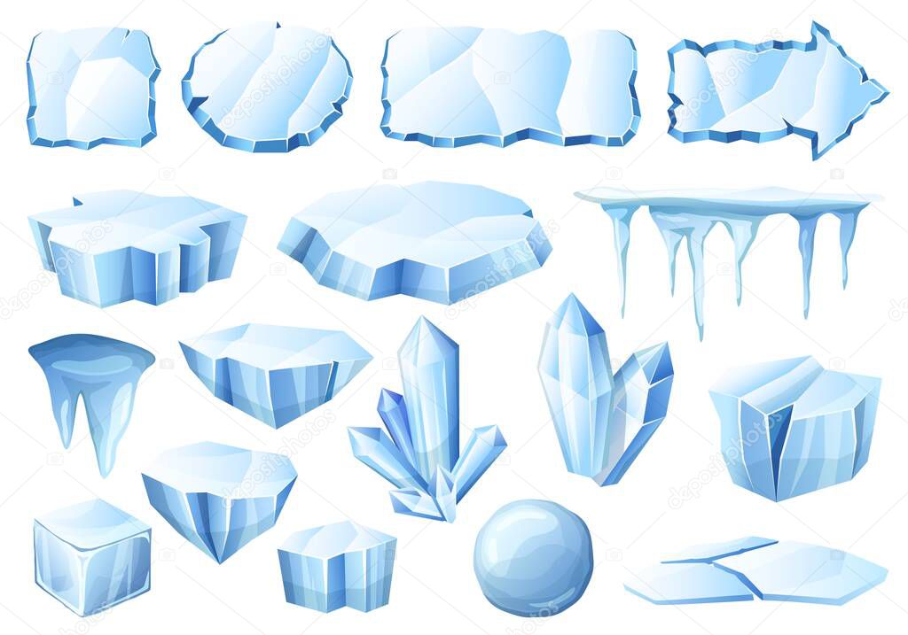 Cartoon ice. Glacier crystals, ice pieces and cold iced frames vector set