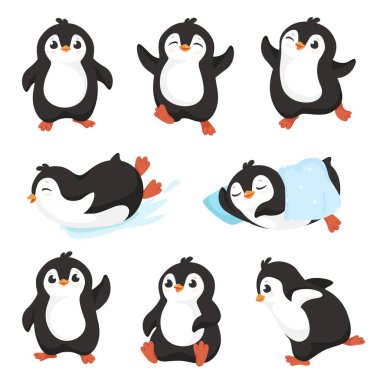 Tatlı çizgi film penguenleri. Mutlu gülüşü olan küçük penguen karakteri, suda uçamayan kuş maskotu bebek penguen seti, sevimli hayvan çizgi filmi, karakterli küçük ve izole edilmiş komik kuş.