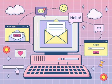 Retro ui postası. 90 'ların bilgisayar ekranında zarf olan e-posta kutusu, internet nostalji vektör illüstrasyonu. Ui e- posta iletisi, masaüstü web ekran tarayıcısı