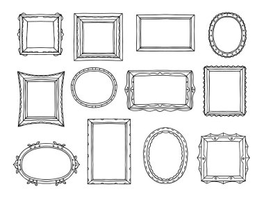 El çizimi resim sınırları. Eskiz fotoğraf çerçevesi, dikdörtgen ve klasik karalama çerçeve vektörlerinin yuvarlak şekilleri. Çizim çerçevesi resminin çizimi