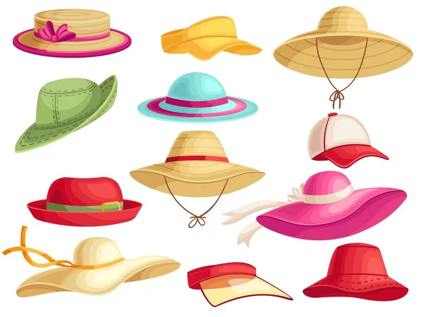 女性の夏の帽子 ビーチサンキャップ 休暇パナマとスタイリッシュな女性の帽子漫画ベクトルセット 天気の良い日やスポーツの休日や白に隔離されたエレガントなスタイルのための明るいカラフルなヘッドギア — ストックベクタ