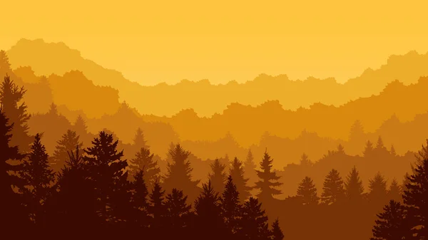 Panorama Salvaje Del Atardecer Árboles Forestales Paisaje Senderismo Brumoso Con — Vector de stock