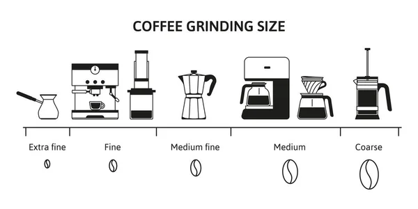 コーヒーは大きさ図を粉砕する 異なる醸造方法のための豆研削ガイド コーヒーグラインドチャートの罰金 中粗粒インフォグラフィックベクトルイラスト カフェインを飲みます — ストックベクタ