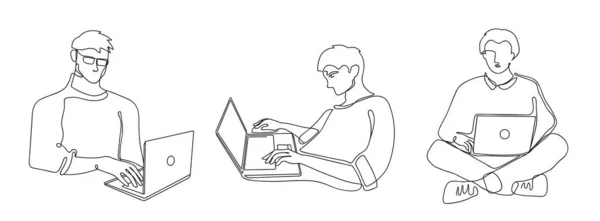 有手提电脑的男人自由职业远程工作者性格 操作笔记本电脑和键盘打字的人 连续线艺术矢量插图集 男性自由职业远程打字或工作 — 图库矢量图片