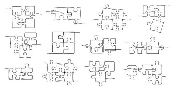 Eén Lijn Puzzel Oplossen Van Puzzel Puzzelstukjes Met Elkaar Verbonden — Stockvector