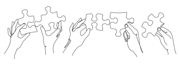 Puzzle Pieces People Hands Garis Berkelanjutan Seni Solusi Seleksi Jigsaw - Stok Vektor