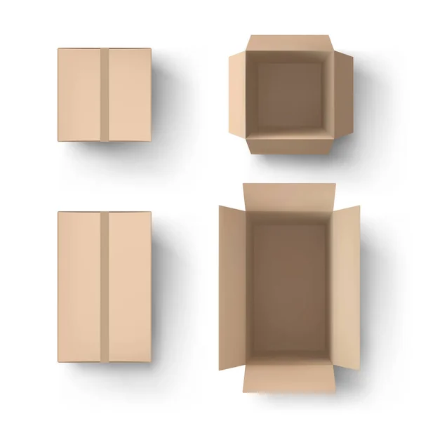 Een Realistische Bruine Doos Open Dicht Pakket Kartonnen Verpakking Bezorgdozen — Stockvector