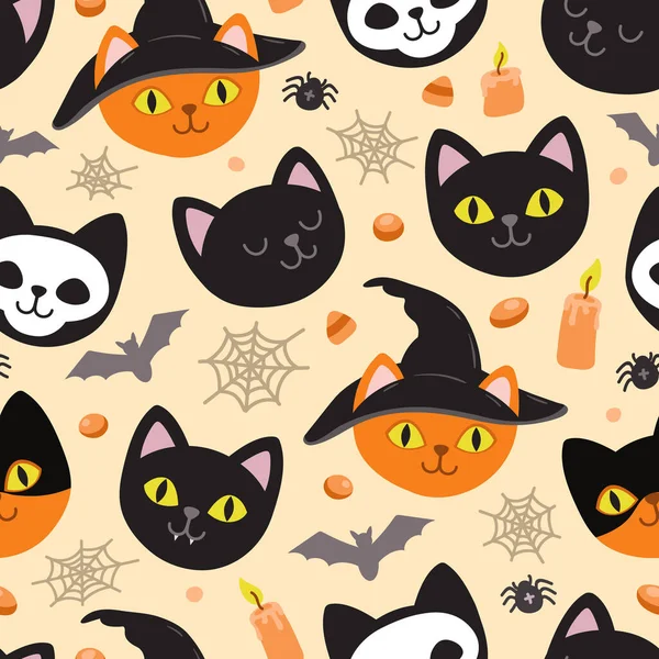 Vzorec Kočky Duchů Strašidelné Halloween Koťata Tváře Horor Zvířata Roztomilé — Stockový vektor