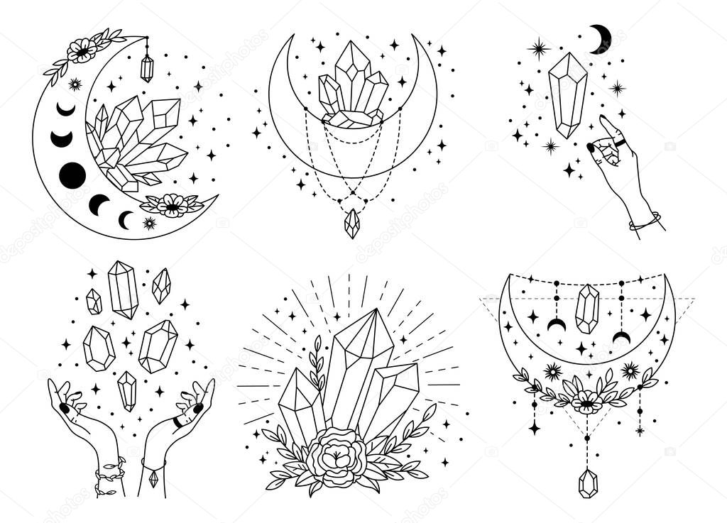 Mystery crystals. Line art celestial gems, moon crystal and mystical boho tattoo vector illustration set. Boho sun vintage alchemy