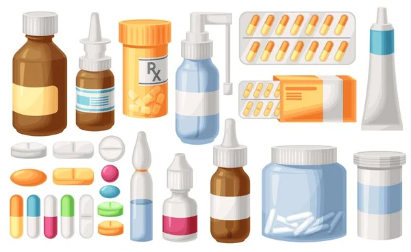 Medicina Dibujos Animados Frascos Medicamentos Tabletas Farmacia Pastillas Pulverizaciones Gotas — Archivo Imágenes Vectoriales