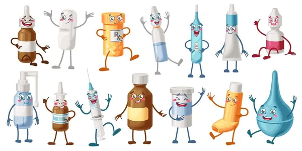 Personajes Médicos Dibujos Animados Píldoras Botella Mascota Jeringa Médica Sorprendida — Vector de stock