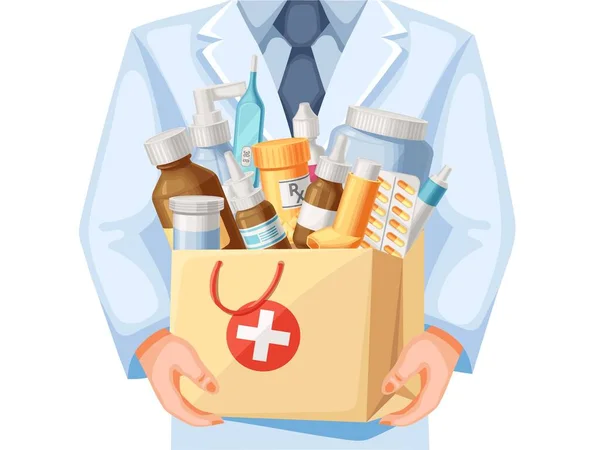 Bag Full Medicines Pharmacist Holding Medical Supplies Medications Treatment Doctor — Stock Vector