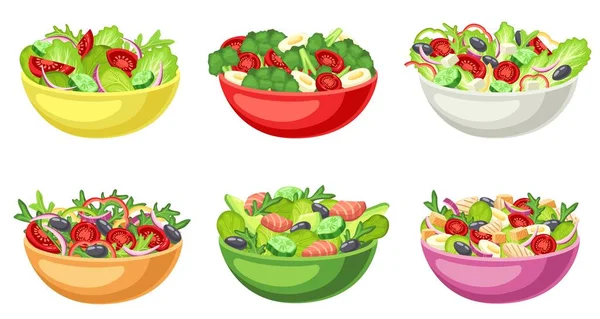 Kartun Mangkuk Salad Makanan Sehat Sayuran Mentah Cincang Dan Selada - Stok Vektor