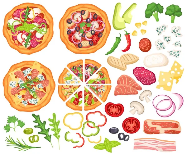 Pizza Designer Ingredients Cooking Sliced Vegetables Top View Pizzas Cartoon — Stock Vector