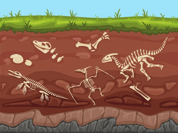 有化石的土壤层 底层有恐龙骨骼和化石骷髅 古生物学挖掘卡通人物图解 恐龙化石地下卡通动物骨骼 — 图库矢量图片