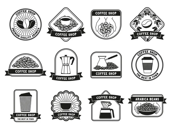 コーヒーショップのバッジ エスプレッソカップ コーヒーポット アラビカ豆ベクトルセットのカフェラベル バッジヴィンテージイラスト — ストックベクタ