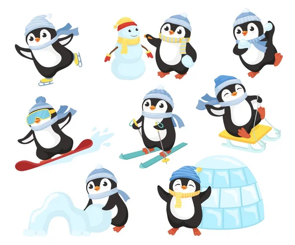 Пингвин Зимних Видах Спорта Маленькие Симпатичные Персонажи Мультфильмов Играют Весело — стоковый вектор