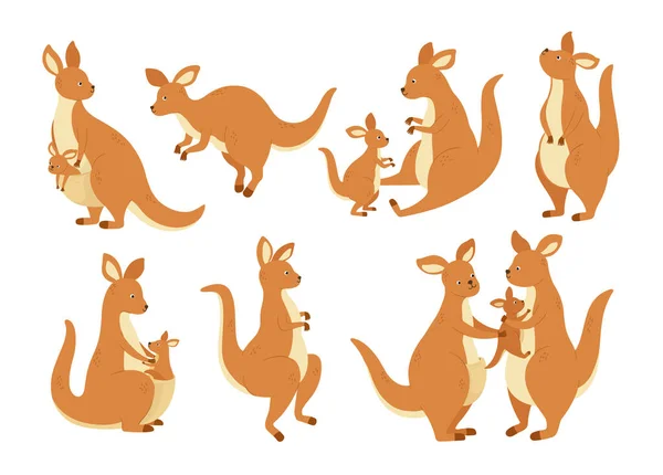 Kreskówkowa Rodzina Kangurów Matka Ściana Dzieckiem Torbie Australia Torbacze Zwierzę — Wektor stockowy