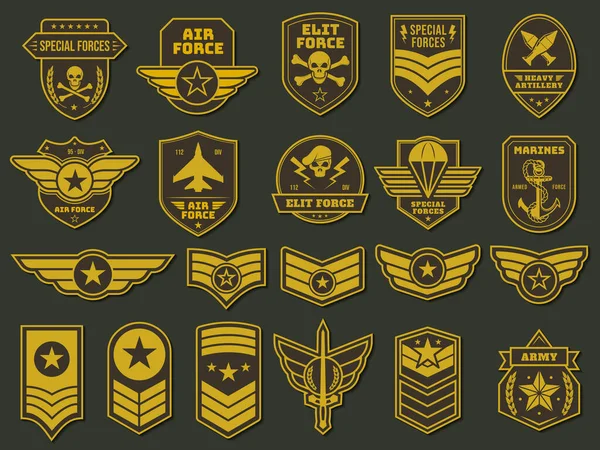 stock vector Army badges. Military units emblems, soldier patches and insignias tags vector set. Special and elite force, marines, heavy artillery elements for uniform clothing with stars, skulls