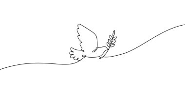 Dove with olive branch. Peace symbol, flying bird with outstretched wings continuous one line vector illustration. White pigeon holding plant in beak, graceful animal, freedom and love concept