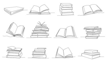 Bir satır kitabı. Uçan sayfalar, bilgi yığınları ve kütüphane tek ve sürekli ana hatlı vektör resimleme setiyle açık bir kitap. İş ve eğitim kitaplarının yığını. Öğrenmek için nesneler