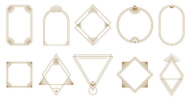 Boho çerçevesi. Basit asgari çizgi sanat rozeti sınırları, etiket şablonları vektör seti. Çember, kare, üçgen ve dikdörtgen şeklinde, ay ve ışınlarla süslenmiş zarif altın çizgiler.
