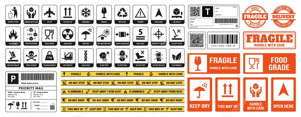 Packaging stickers. Parcel direction info, fragile warning sticker and print for adhesive tape with packaging symbols vector set. Badges for cardboards shipping logistics, product labeling