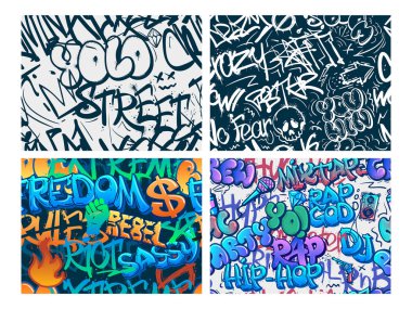 Graffiti deseni. Soyut sokak sanatı, kentsel YOLO etiketleri ve yeraltı hip-hop rap graffitis dikişsiz vektör arka planı seti. Serbest yazı, şehir modern ve yaratıcı kültür