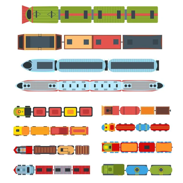 Bovenaanzicht Treinen Speelgoed Locomotief Trein Met Wagons Kinderen Spoorlijn Vector — Stockvector