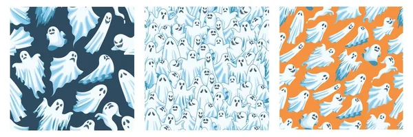 Cartoon Ghost Spooky Halloween Spirit Poltergeist Characters Angry Happy Ghosts — Stock vektor