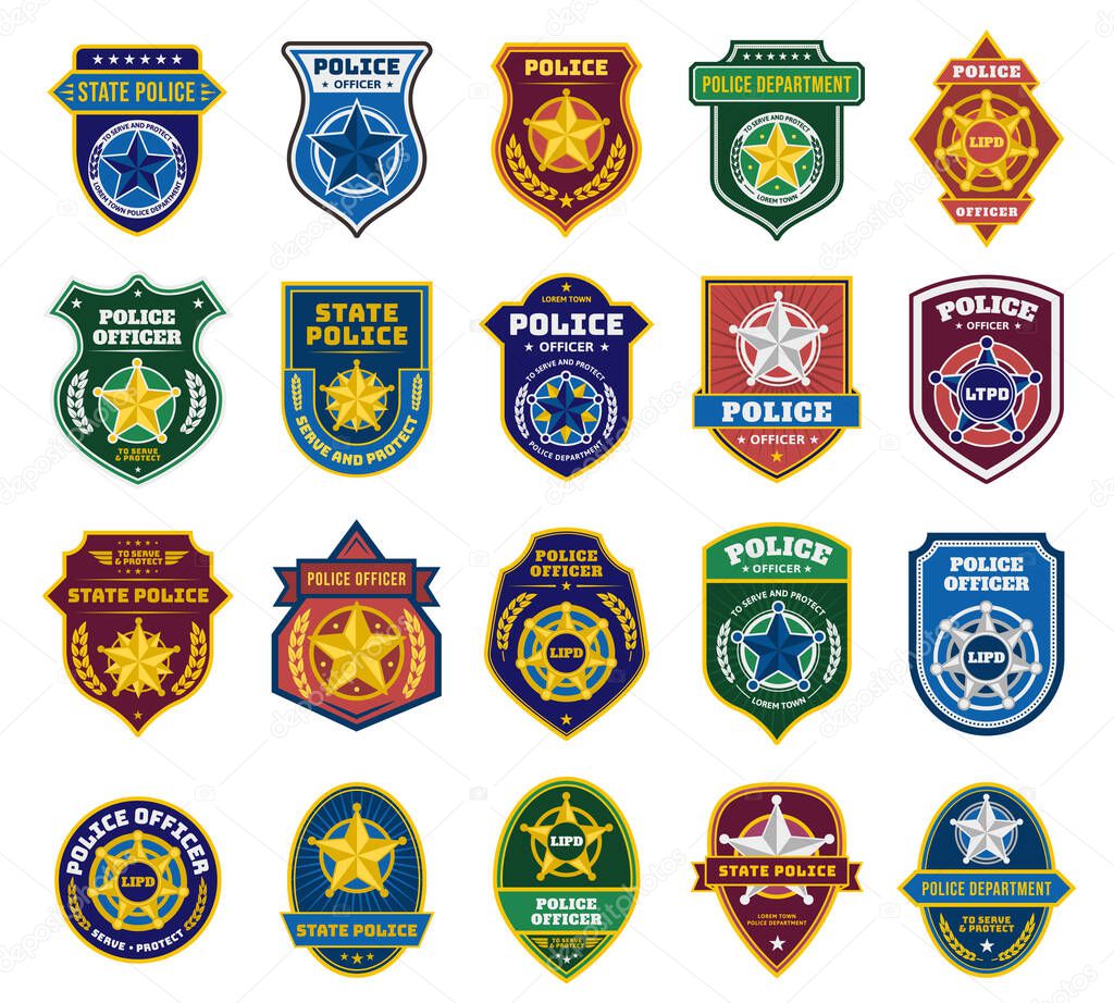 Police badges. Security officer and federal department signs, state policeman badge with star symbols vector set. Emergency service patches for detectives, cops and rangers, protection from crime